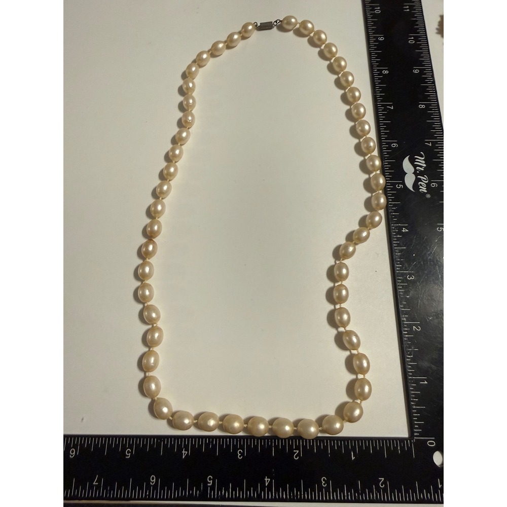 Hand‎ Knotted Cream Faux Pearl Necklace Oval Bead Barrel Clasp 18 Inch